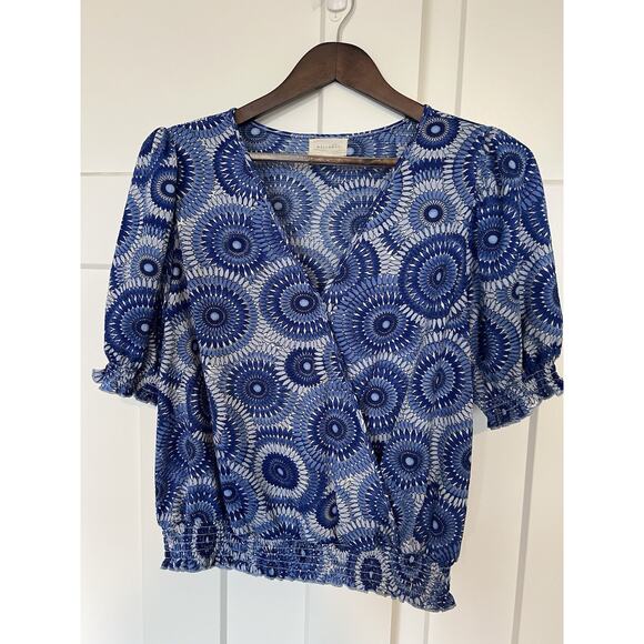 Melloday Women's Smocked Wrap Top Blue Floral Large - Picture 4 of 9